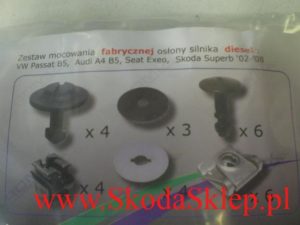 Zestaw spinek, wkrętów mocowania osłony silnika Skoda Superb.